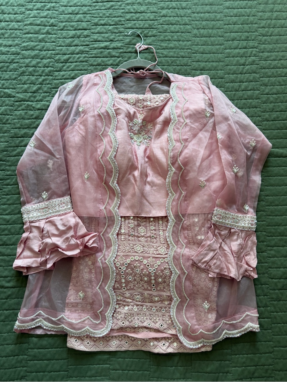 Brand New W/O Tags Embroidered Pink Indowestern Organza Palazzo Set with Jacket